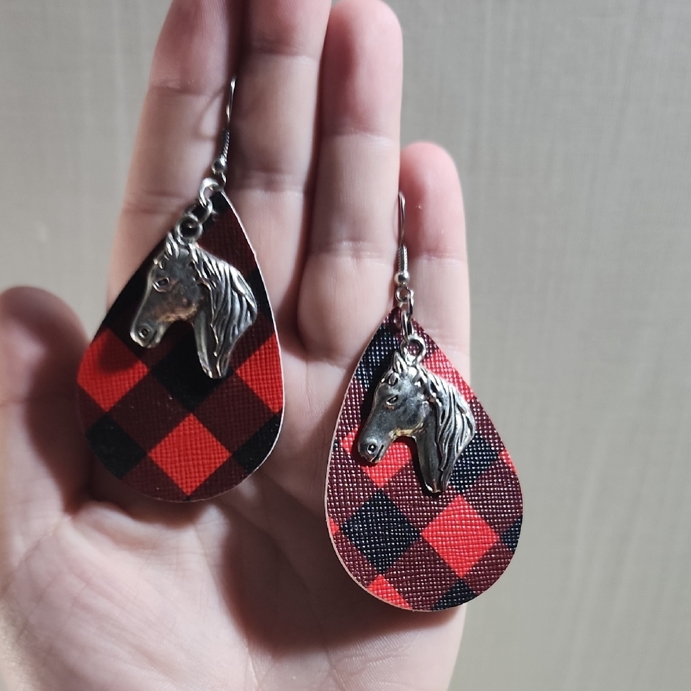Red and Black Plaid Horse Earrings